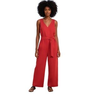LPA Revolve Jumpsuit Large Red Linen Blend V-Neck Wide Leg‎ Belted Boho Resort